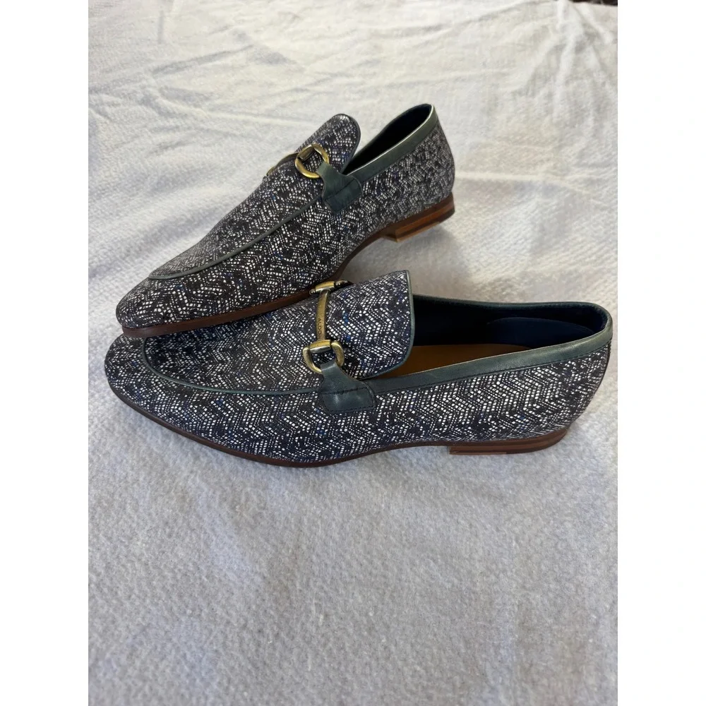 Aldo Mens Bit Loafers Navy Blue White Textured Dress Shoes Size 10.5 Horsebit